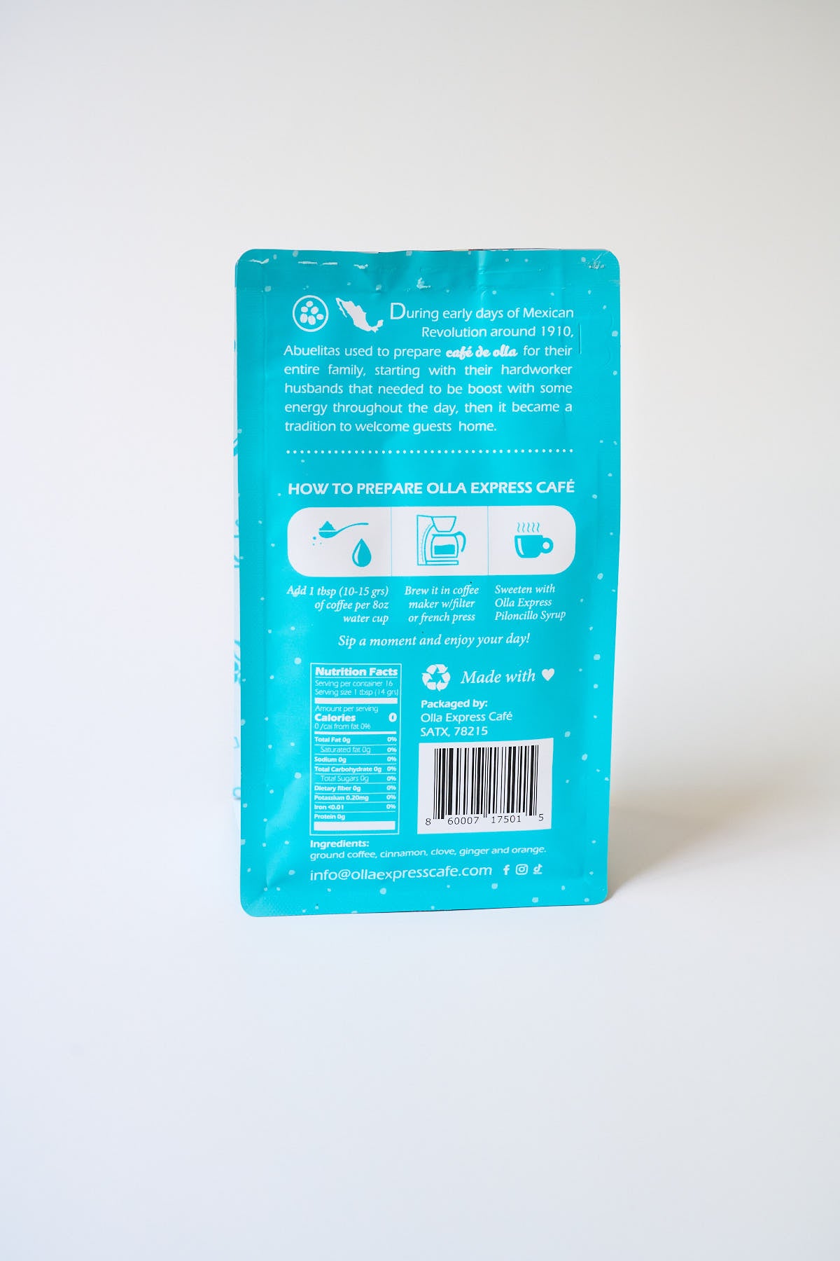 Blue package of cafe de olla and its recipe